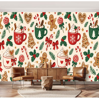 Wall Mural Peel and Stick Festive Christmas Gingerbread Cookies Hot Cocoa Holiday Large Wallpaper Self-Adhesive Removable Contact Paper Wall Decor for Living Room Bedroom Nursery 69"H x 96"W