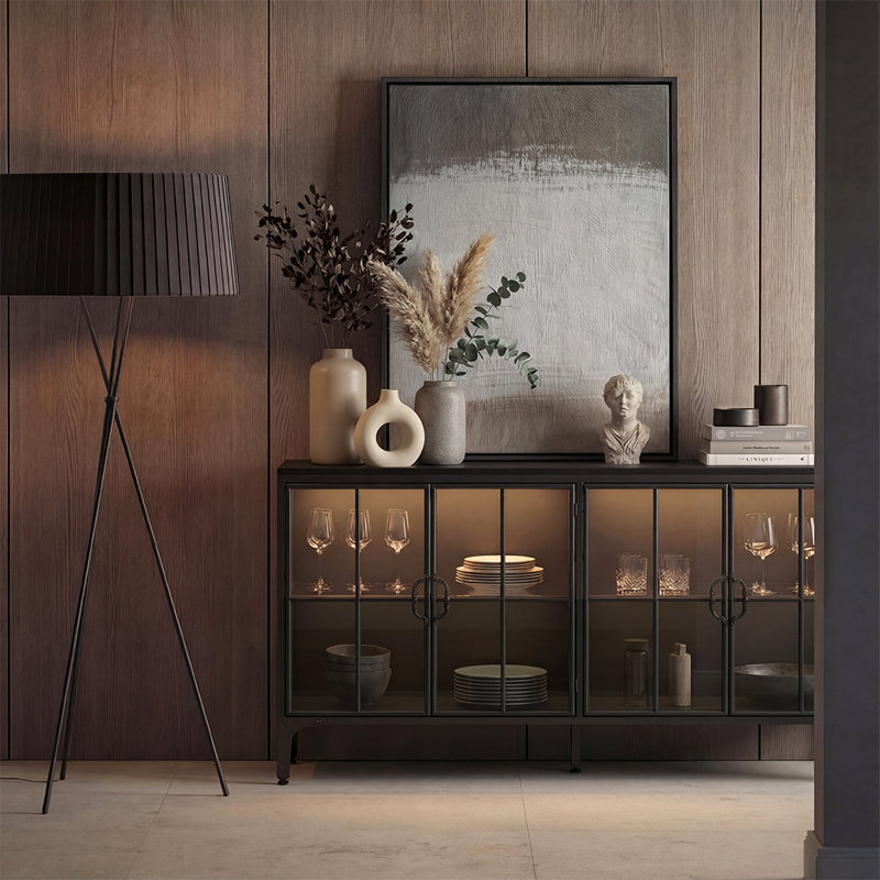 63" W LED-Lighted Glass Display Sideboard with 4 Doors & 4 Shelves