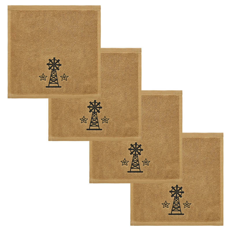 Timeless Linens Black Windmill & Stars Tan Washcloth Set of 4 12x12