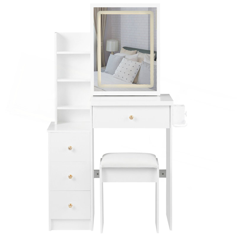 29.2" Small Size Left Bedside Cabinet Vanity Table + Cushioned Stool, 2 AC+2 USB Power Station, Hair Dryer Bracket, Extra Large Touch Control Sliding LED Mirror, Tri-Color Switching, Brightness Adjust