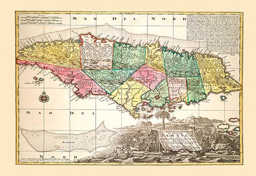 "nouvelle designatio insulae jamaïque" par matthaus sepulvérisation, H 28 po x l 42 po x P 1,5 po