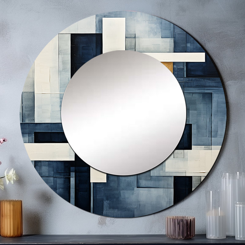 Indigo Illusion Abstract Shapes III - miroir décoratif de formes abstraites, grand miroir mural rond gris, impression d'art en métal
