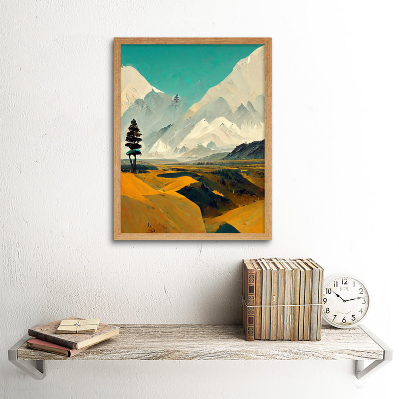 Lone Tree Snowy Mountain Abstract Landscape - Print, 43cm H x 33cm W, Light Brown Framed Paper