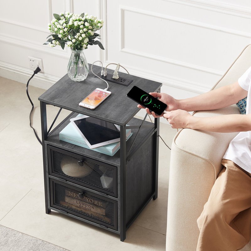 Nightstand Set With Charging Station End Side Tables Set With Storage Drawers And USB Ports & Power, Charcoal Gray