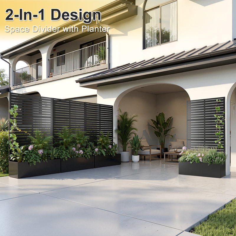 Metal Planter Wall with Trellis, Raised Garden Bed with Trellis and Privacy Screen, Outdoor Planter Box with Drainage Holes for Climbing Plants, Vines, Flowers & Vegetables, Garden Privacy Planter