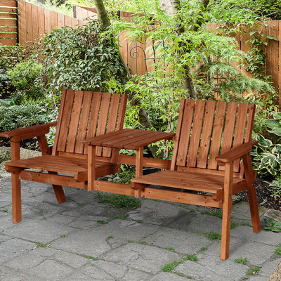 Patio Bench, Garden Bench With Middle Table And Umbrella Hole, Wooden Outdoor Bench For Patio, Porch, Poolside, Balcony, Orange