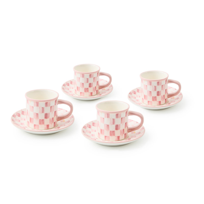 Sterling Check Stoneware Espresso Cup and Saucer, Set of 4, Pink/White