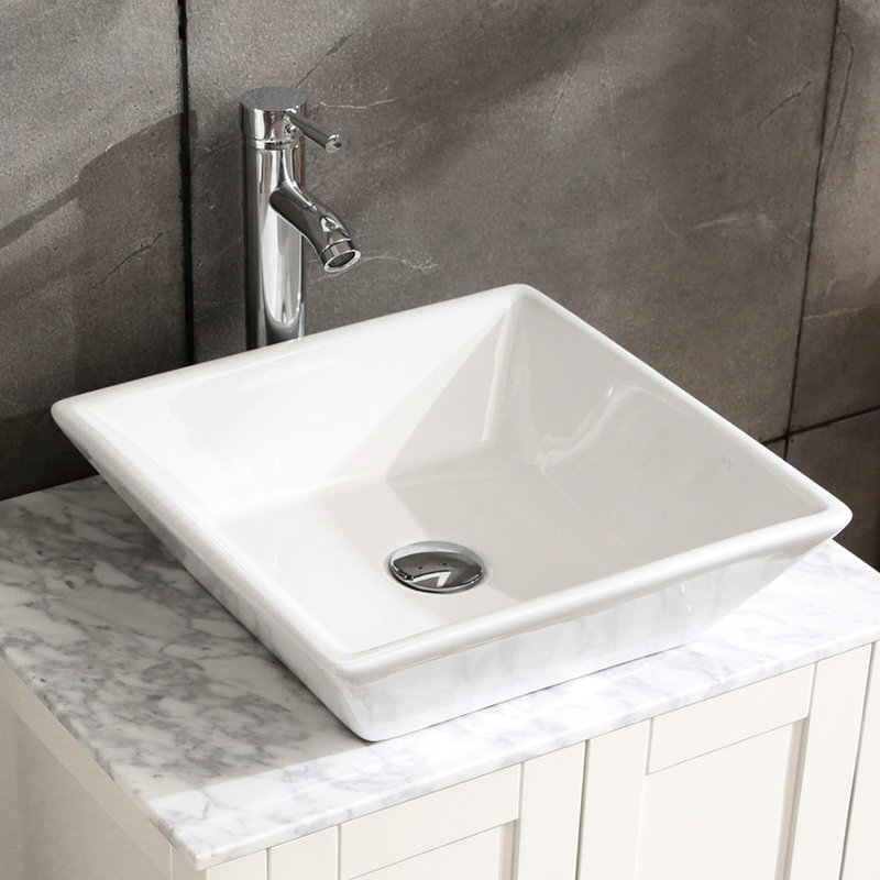 Lavabo vasque de salle de bain carré en céramique 16,5 po de couleur blanche, entièrement recouvert de coussins silencieux, testé et stable