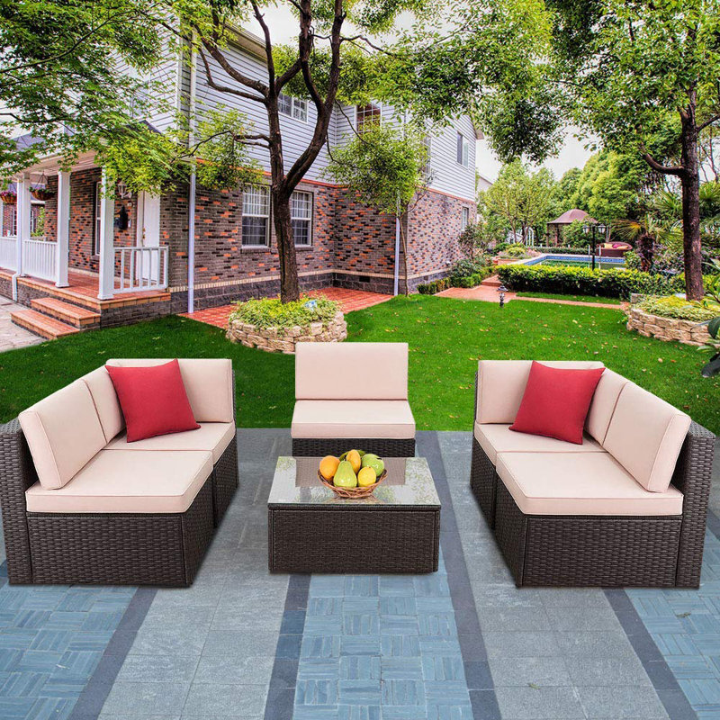 Ulibarri 5 - Person Modular Patio Conversation Set with Cushions, Beige/Red