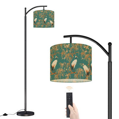 Arc Floor Lamp with Adjustable Lampshade Elegant Crane Blossom Soft Beige Teal Standing Lamp 3 Color Temperatures Dimmable Tall Pole Lamp with Foot Switch for Bedroom