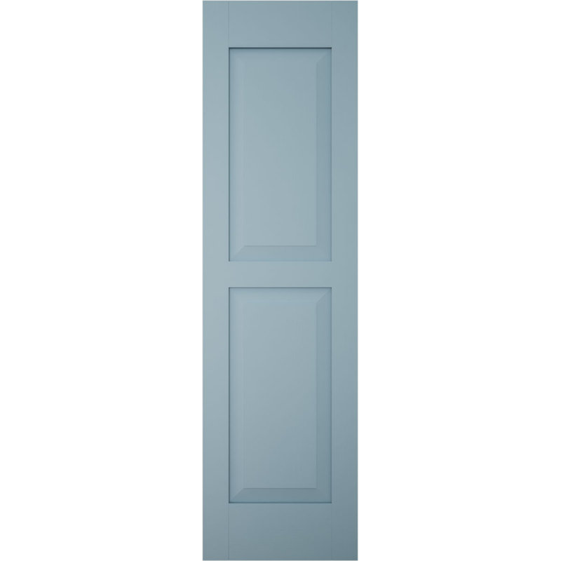 Volets extérieurs Americraft à deux panneaux surélevés égaux en bois véritable (par paire), 15 po L x 84 po H, avec capuchons de volets en aluminium, bleu paisible