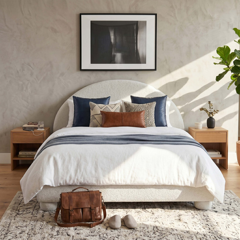 Lit plateforme en tissu bouclé Boucle, Grand lit, Blanc