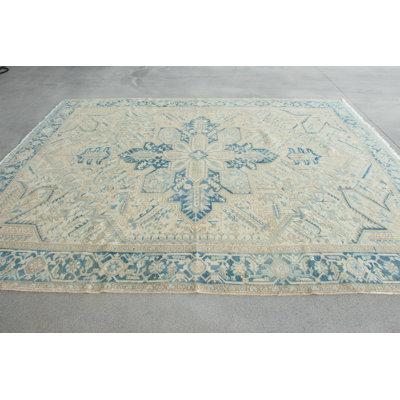 Grand tapis turc bleu clair et beige fait à la main avec motif géométrique pour la décoration intérieure et le revêtement de sol
