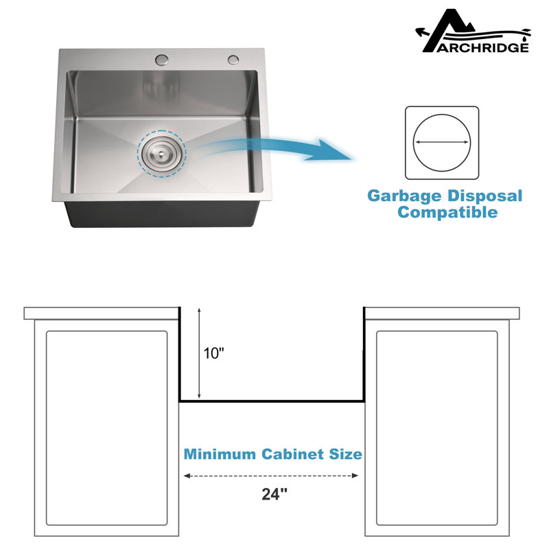 Évier de cuisine à cuve simple à montage sur plan en acier inoxydable L 23 po x l 19 po, Nickel brossé