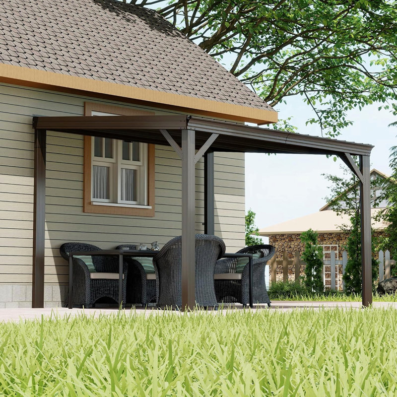 10X10ft Lean To Gazebo, Outdoor Hardtop Wall Mounted Gazebo With Sloping Galvanized Steel Roof, Upgraded Heavy Duty Mounted Shelter With Drainage System For Deck, Porch, Backyard, Brown