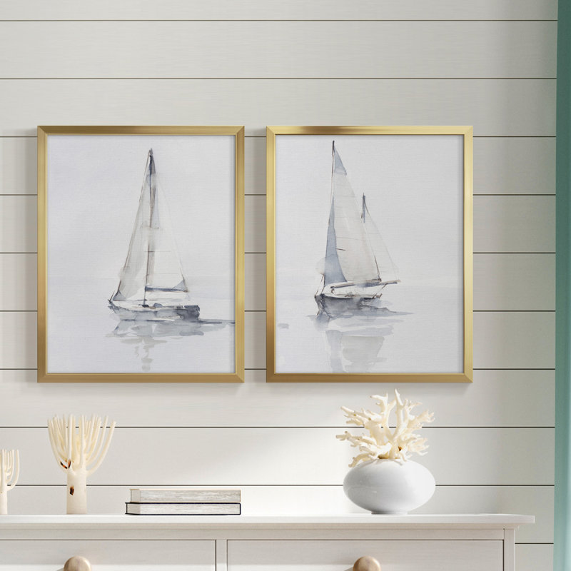 Alfhild Misty Harbor I, toile encadrée de qualité supérieure - prête à être accrochée, Papier dans un cadre photo, Doré
