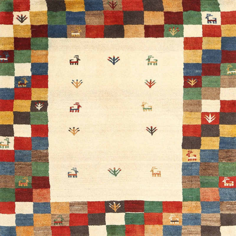 Tapis abstrait beige / vert / rouge Abrar, Carré 7 pi