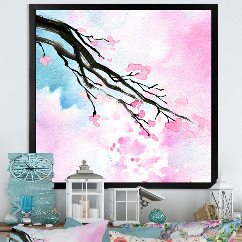 Branche de cerisier en fleurs, Toile avec cadre noir, H 36 po x l 36 po x P 1,5 po