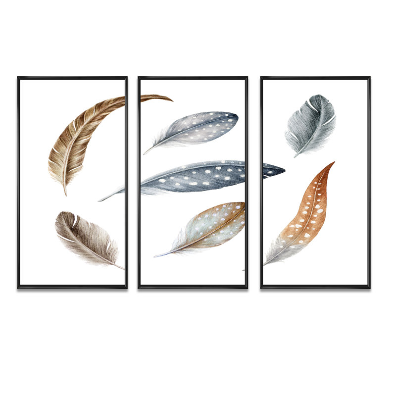 «Grey Boho Polka Dot Feathers II», ensemble de 3 reproductions d'art sur toile encadrées bohémiennes et éclectiques, Noir