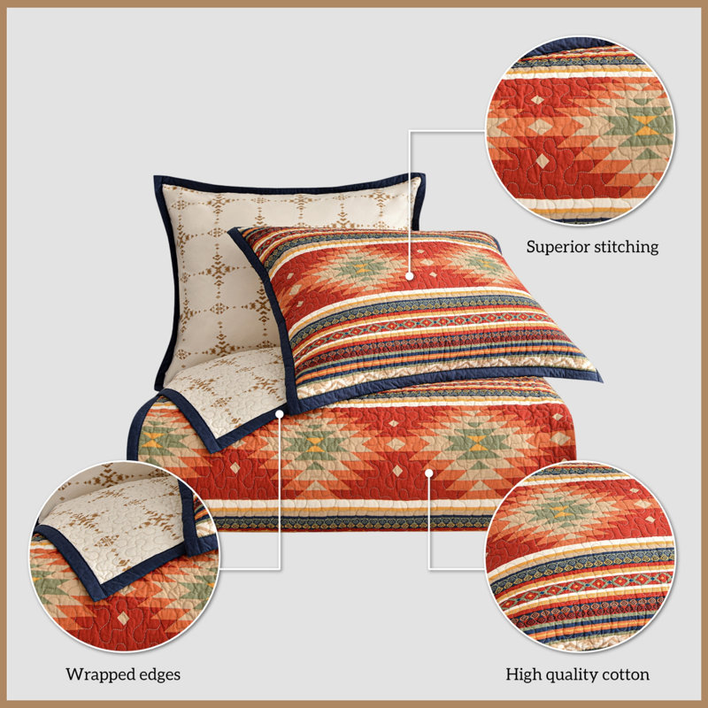 Del Sol Red/Orange/Tan Aztec Print Cotton Southwestern Style Reversible Quilt Set, Queen Quilt + 2 Shams