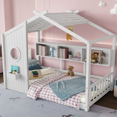 Lit cabane sur pied deux places, lit avec espace de couchage semi-fermé, tablette de rangement, support fiable, blanc, design de style cabane de jeu.