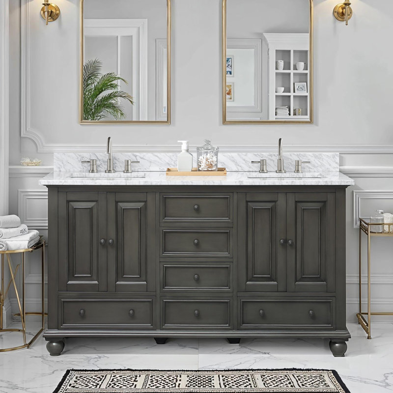 Thompson 61" Double Modern Bathroom Vanity Set, Charcoal Glaze, 72", Carrera White