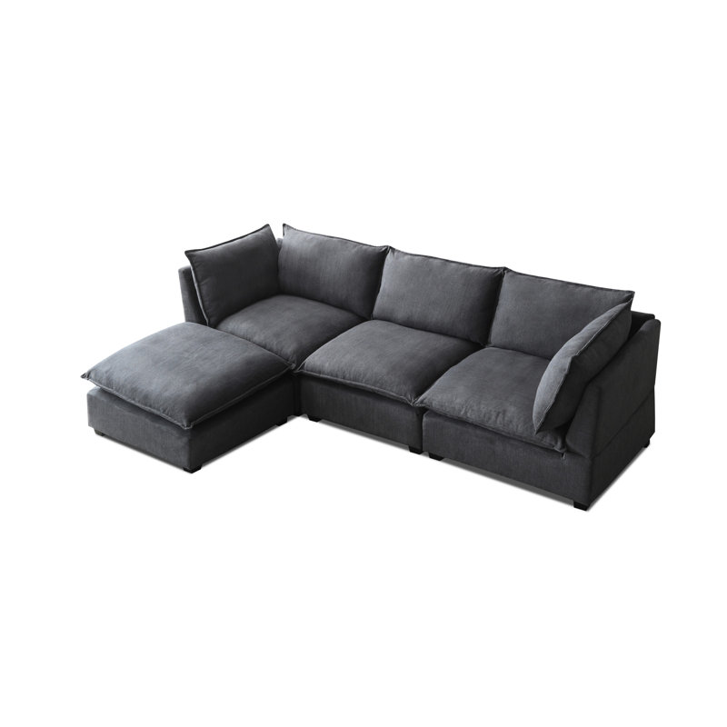 Canapé d'angle 5 places en lin gris avec méridienne convertible et réversible, modulable, idéal pour un appartement.