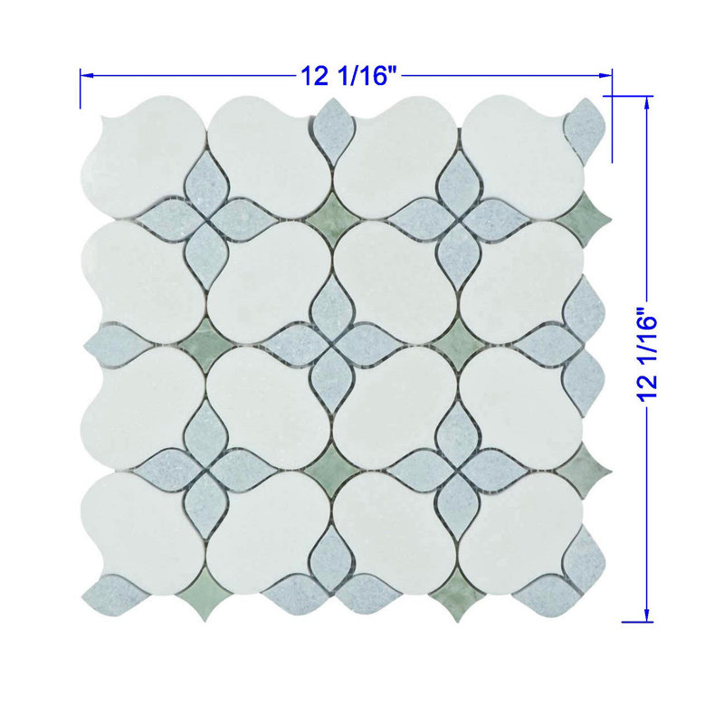Carrelage mural en mosaïque fantaisie en marbre 6 po x 6 po Water Jet, Thassos blanc / bleu céleste / vert Ming