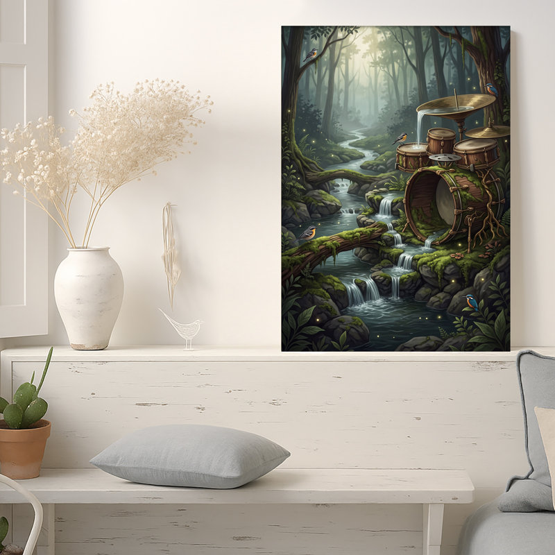 Mossy Drum Set Pouring Water in Misty Forest Stream Canvas Wall Art, 30"H x 20"W