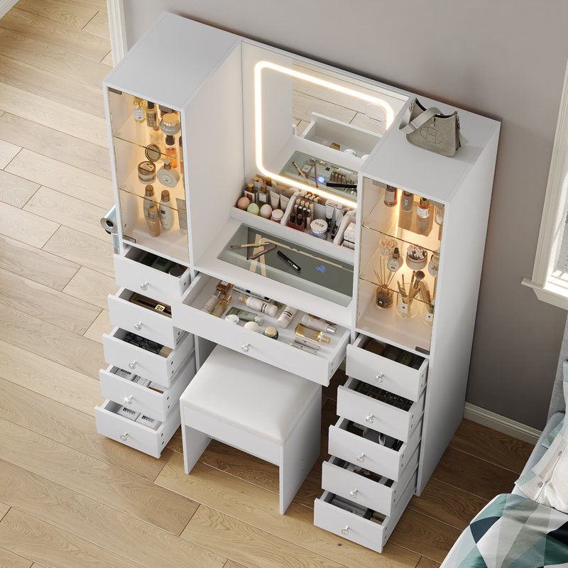 Coiffeuse 11 tiroirs avec station de charge, bureau de coiffeuse avec miroir à DEL et 2 armoires en verre, 3 modes de couleurs, luminosité réglable, ensemble de coiffeuse avec plateau en verre, table de maquillage avec fauteuil pour la chambre à couch