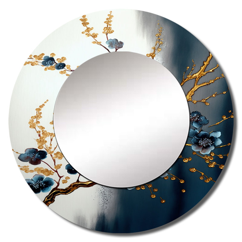 Quayshaun Blue Cherry Blossom Branch V - Bonsai Large Mirror, Modern Round Decorative Wall Mirror, Printed Metal Art
