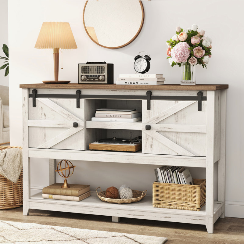 Farmhouse Entryway Table With Adjustable Shelf And Sliding Barn Doors, Hallway Table With Bottom Open Shelf, Behind Couch Table Console Table For Entrance, Living Room, Foyer, Rustic White