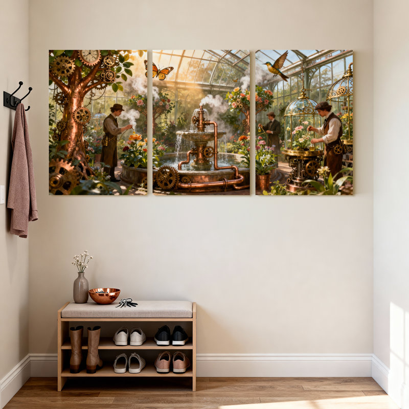 Fantaisie et science-fiction jardin Steampunk avec arbre mécanique et fontaine, ensemble de 3 impressions sur toile