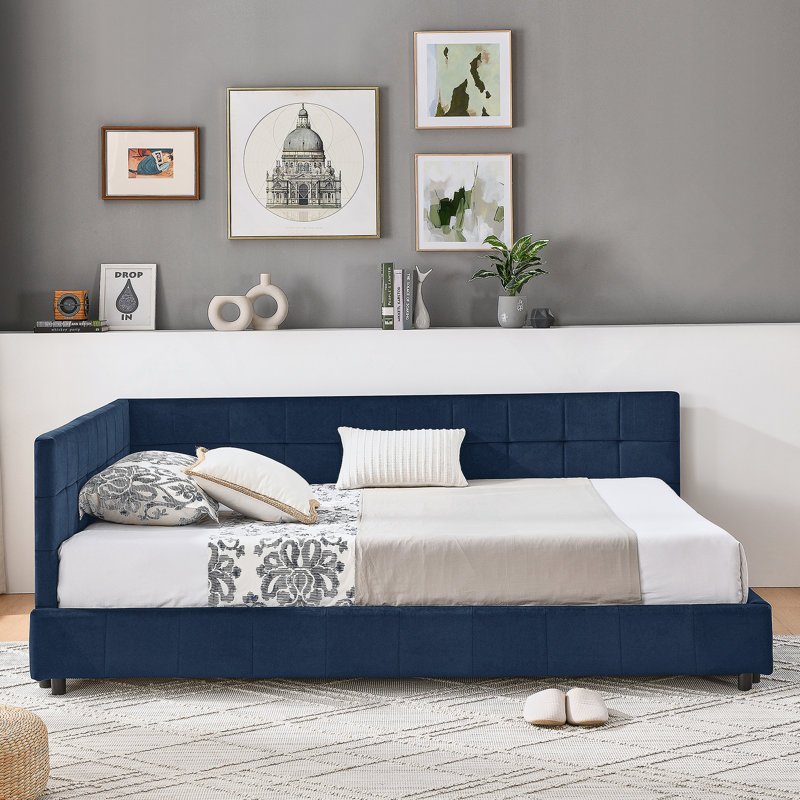 Structure de lit double capitonnée capitonnée, structure de canapé-lit avec dossier et accoudoirs confortables, lit double pour chambre à coucher, salon, velours, bleu foncé (80,5 po x 59 po x 30,5 po)