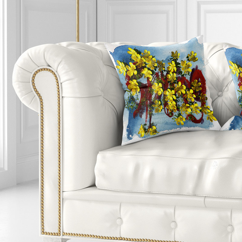Lettrage et fleurs printanières jaunes - coussin à imprimé floral, 18 po x 18 po, Coussin décoratif
