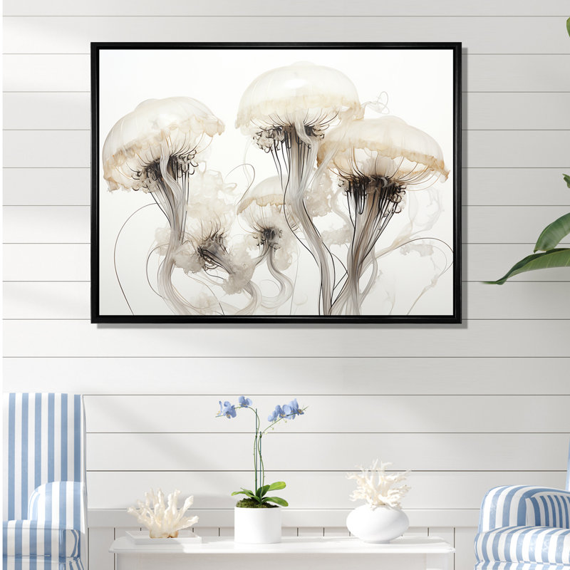 Minimalisme blanc méduse rêve II sur toile, Cadre flottant noir, H 30 po x l 40 po x P 1,5 po