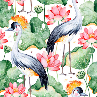 Bergevin Seamless Crane Pattern by Ekaterina Skorik - Wrapped Canvas Print