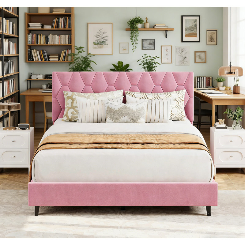 Structure de lit plateforme tapissier, Lit double, Rose