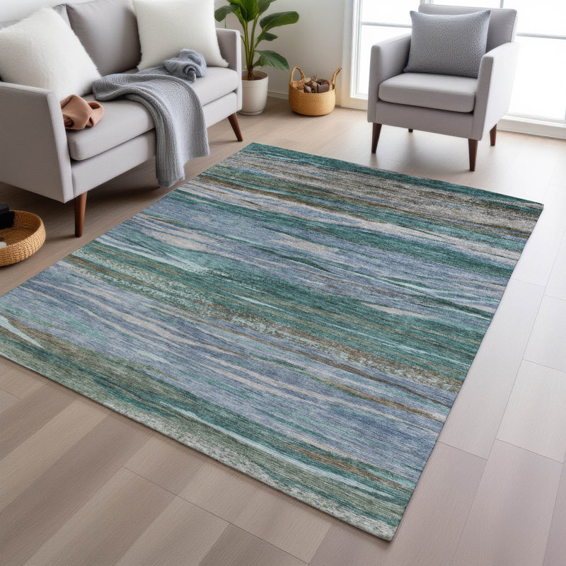 Tapis bleu sarcelle lavable à la machine intérieur / extérieur Xhevrie, Rectangle 10 pi x 14 pi