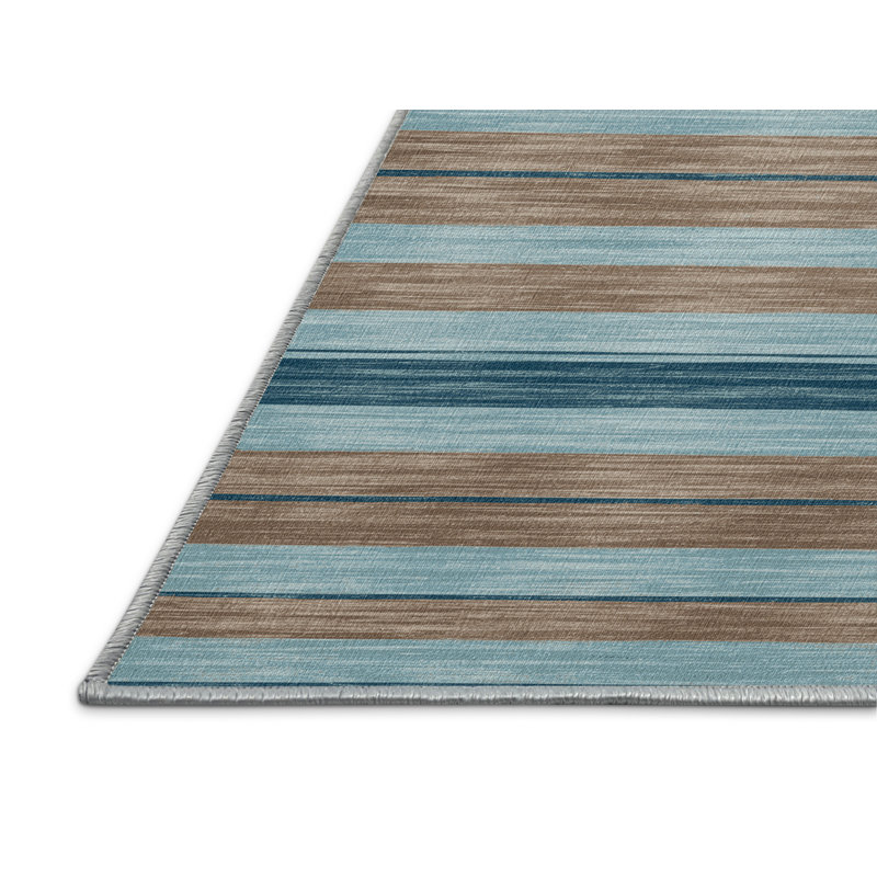 Tapis bleu à rayures horizontales lavable à la machine, Rectangle 5 pi x 7 pi
