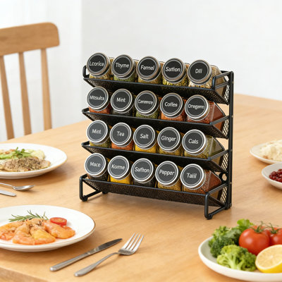 Ensemble complet d'organisation pour épices avec 20 pots en verre, 386 étiquettes, entonnoir et marqueur à craie - support à 4 niveaux pour armoire, comptoir, garde-manger ou fixation murale