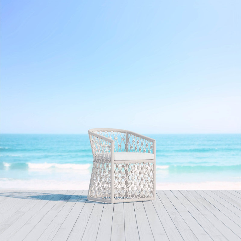 Amelia Patio Dining Armchair with Cushion, Matte White Frame/Sand Cushion
