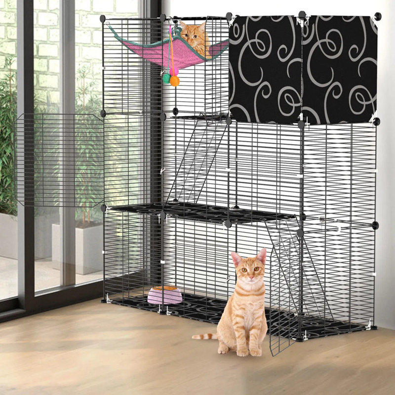Cage à chat noire en métal détachable, parc intérieur pour chaton, stable pour 1 ou 2 chats furet chinchilla