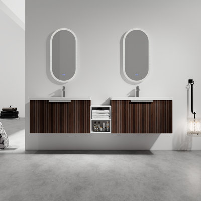 Meuble-lavabo flottant à double paroi avec lavabo en résine blanc