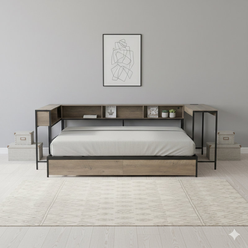 Twin-Size Corner Bed Frame Incorporating A Bookshelf And Two Under-Bed Storage Compartments, Contemporary Twin Bed With Integrated LED Lighting And Device Charging Hub, Grey