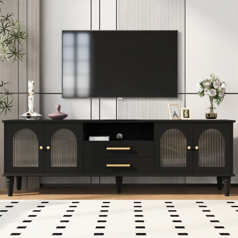 Charming Retro TV Stand With Fluted Glass Doors And Solid Wood Legs For Living Room, Black, 23"H x 68.9"L x 15.7"W