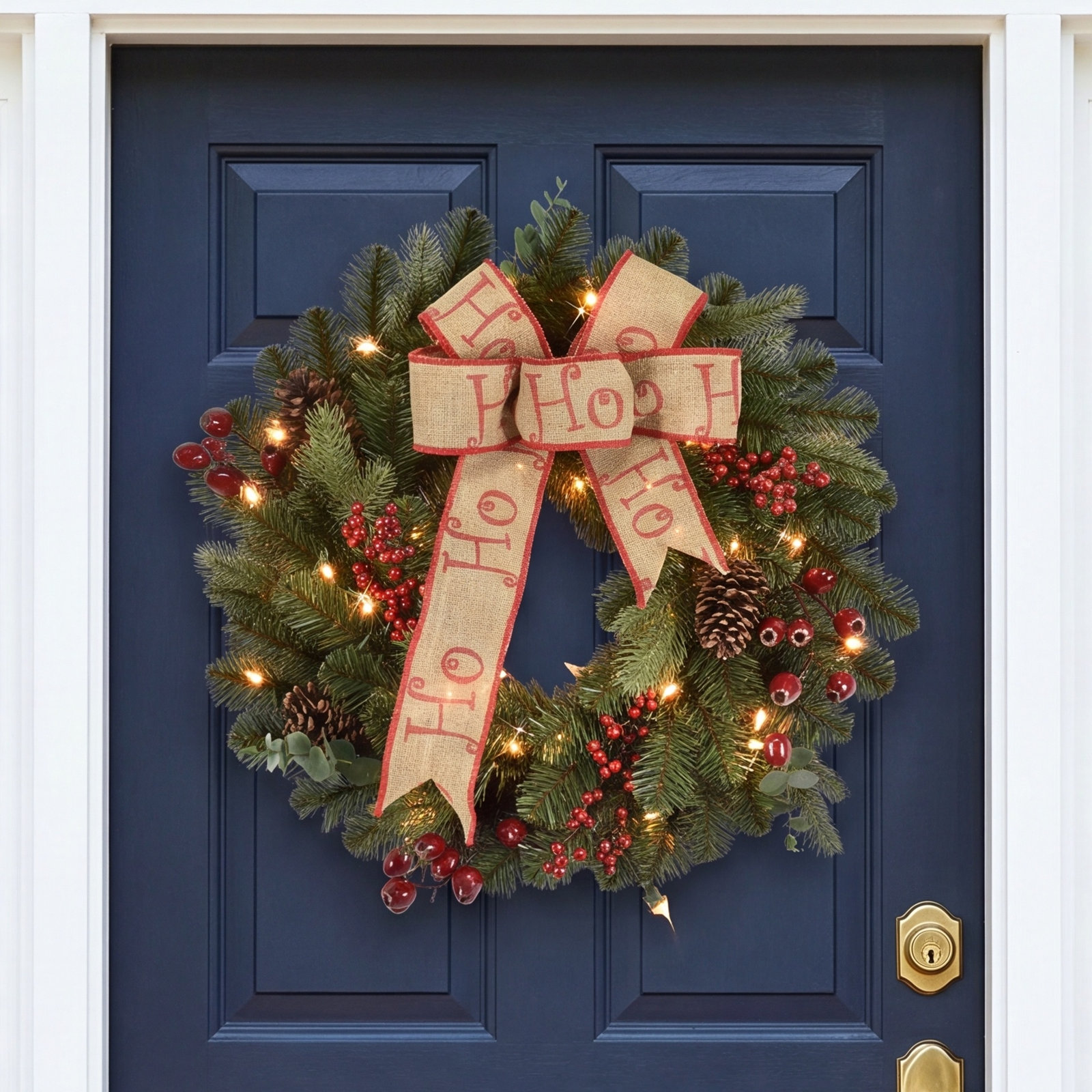 24'' Faux Pine Lighted Rattan Wreath