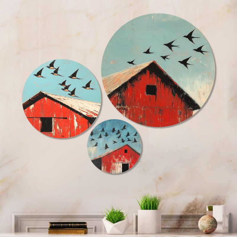 «Swallows Birds Over The Red Barn I», ensemble de 3 impressions murales en métal