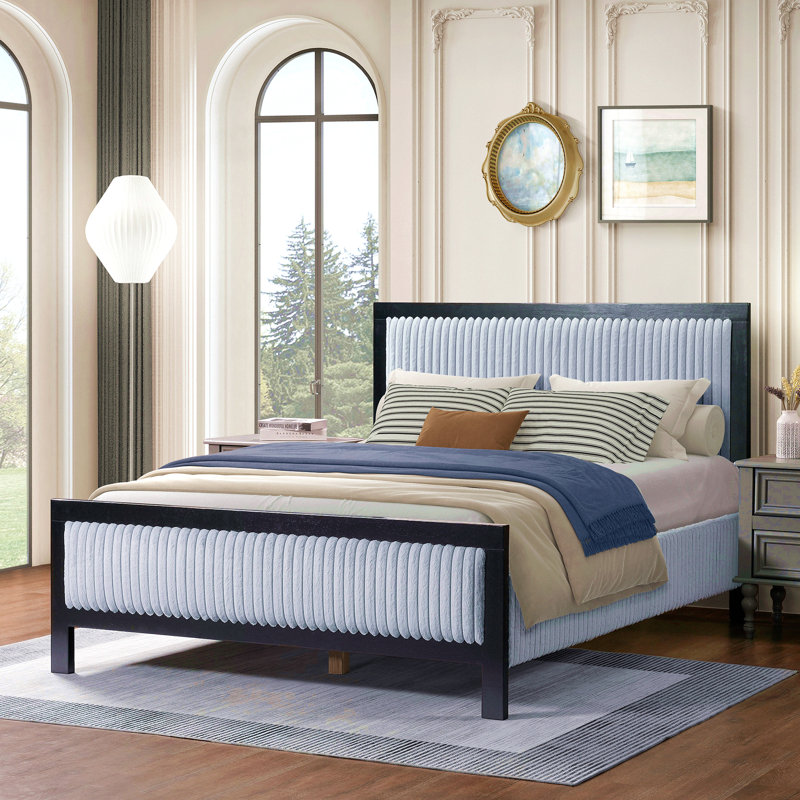 Grand lit tapissier avec tête de lit moelleuse, cadre gris et noir, Grand lit