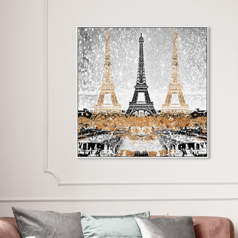 Triple Paris or - Impression sur toile, Cadre blanc, H 40 po x l 40 po